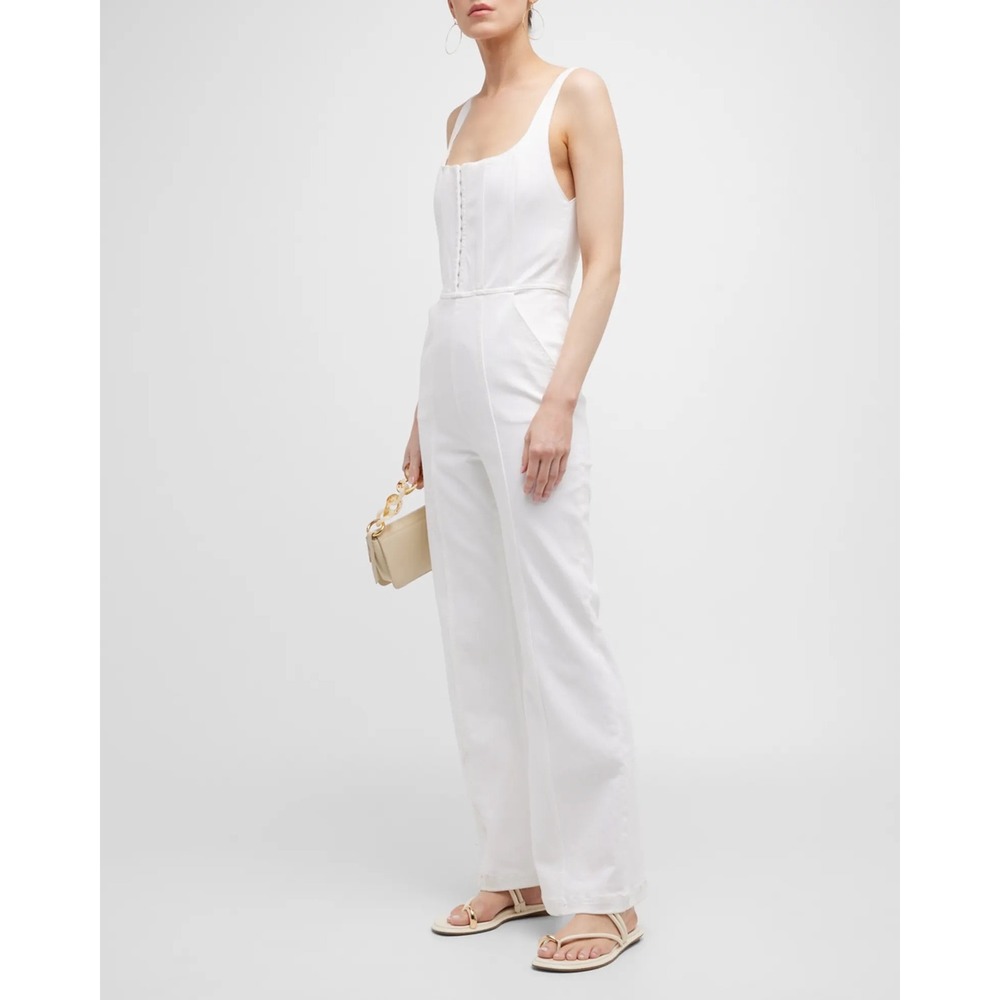 Alice + Olivia NEW Chels White Denim Jumpsuit Corset Zip Front Pockets Sz26 $495